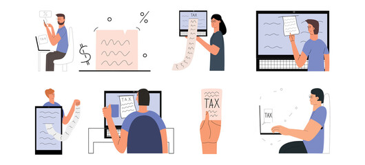Digital tax concept set. People got an online account. Vector illustration in flat style