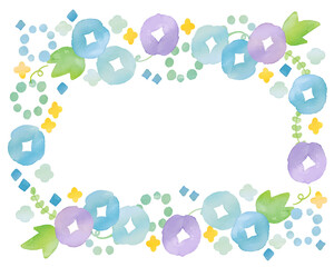 水彩画。水彩タッチのアサガオフレーム。グラデーションカラーのアサガオベクターイラスト。透明水彩で描いた朝顔。Watercolor painting. Morning glory frame with watercolor touch. Morning glory vector illustration with gradient color. Morning glory painted with