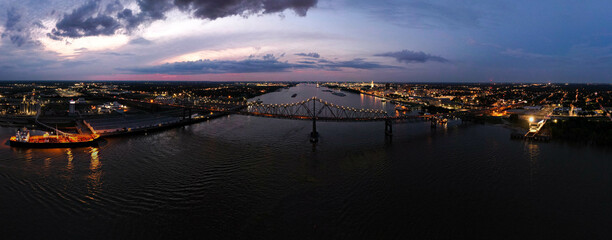 Night time of Mississippi River Bridge and State Capitol in Baton Rouge, Louisiana