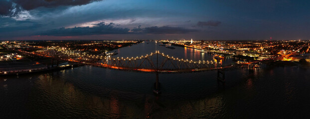 Night time of Baton Rouge Louisiana Mississippi River Bridge and State Capitol