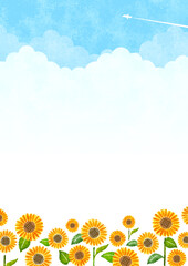 ひまわりと夏の空の手描き水彩背景