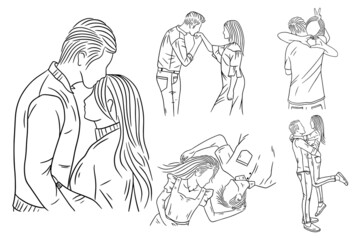 Fototapeta na wymiar Set Bundle Line Art Drawing Simple Couple Love Boy and Girl Kiss Hand Drawn