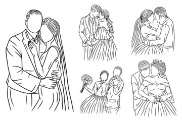 Set Bundle Line Art Drawing Simple Love Couple Wedding Happy Hand Drawn
