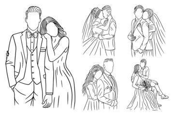 Fototapeta na wymiar Set Bundle Line Art Drawing Simple Love Couple Wedding Happy Hand Drawn