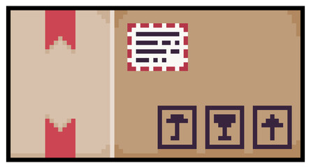 Pixel art cardboard box. Mail order. fragile packaging vector icon for 8bit game on white background
