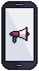 Pixel art mobile phone with megaphone cell phone icon vector icon for 8bit game on white background
