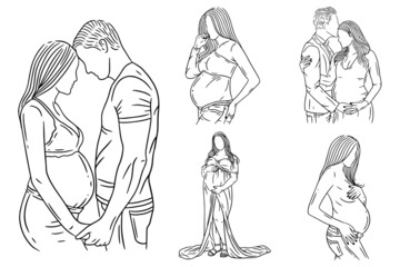 Set Bundle Line Art Drawing Simple Maternity Couple Pose Love Father and Mother Hand Drawn