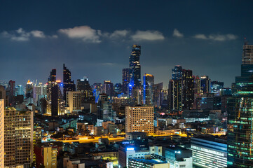 building cityscape at night in Bangkok city, Thailand
