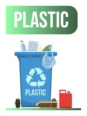 Blue garbage container with separated plastic waste. Waste management design template. Isolated on white background