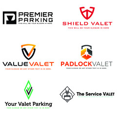 A set of illustration parking valet profession logo template with symbol padlock safety and shield guard isolated on white background
