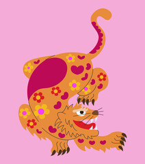 Big tiger with flowers and hearts
