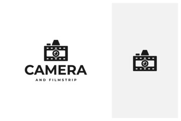 camera combined with film strip vector logo design