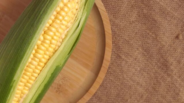 Freshly picked corn on a spinning table