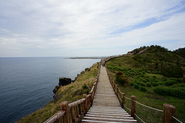 Fototapeta na wymiar seaside cliff walkway and people