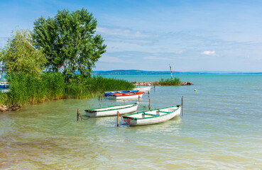 Hungary, lake Balaton, beautiful summer landscape with boats on the water