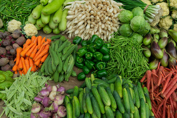 Vegetables for sale in a market in Territy Bazar, Kolkata, West Bengal, India.