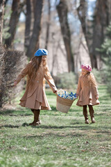 Two girls sisters kids walks through the forest in spring and collects the first spring flowers in basket .