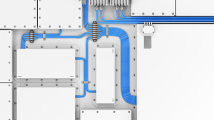 Light technological background with elements of electrical equipment. Blue wires and cables with white blocks and high voltage boxes with copy space. 3d illustration