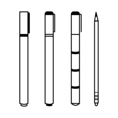 Set of drawing supplies. Minimalist pen, marker and pencil icon collection. Hand drawn vector tools for back to school