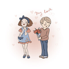 Boy in love gives a bouquet of flowers to a girl in a cartoon style. Teenagers celebrate Valentine's Day.