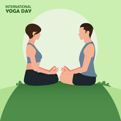 21 June International yoga day banner or poster with young couples sit facing each other in meditation or lotus yoga pose on yoga mat in greensward. Flat cartoon character. 