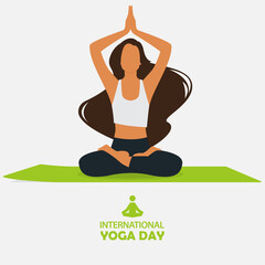 21 June International yoga day banner or poster with young long hair woman sitting in meditation pose, lotus pose or padmasana on green yoga mat. Flat cartoon in yoga pose.