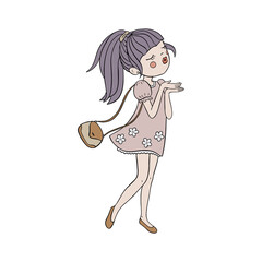 Cute cartoon-style girl sends an air kiss. A stylized character for design.