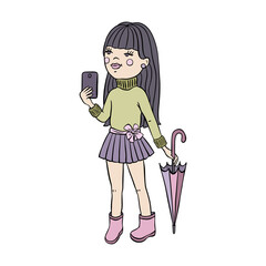 Cute cartoon-style girl with an umbrella is looking at a phone. A stylized character for design.