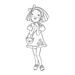 Fashionable girl in outline style with a handbag is surprised. A stylized character for design.