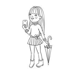Cute girl in outline style with an umbrella looks at the phone. A stylized character for design.