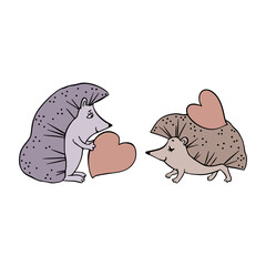 Funny hedgehogs with hearts in cartoon style. Design elements for Valentine's Day on a white background.