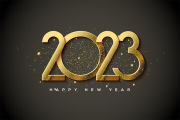 happy new year 2023 with stacked gold numbers - obrazy, fototapety, plakaty