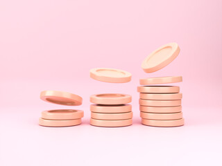 Coin stacks with fall coin on pink background. Minimal style money saving and business investment profit concept. 3d render illustration.