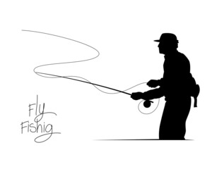 Silhouette fisherman throw hook, Drawing man doing fly fishing activity.