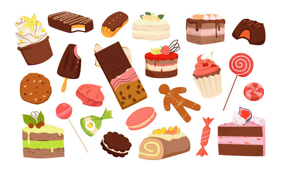 Set of different delicious pastry sweets. Confectionery products, cakes and cookies, ice cream and chocolate bar, piece of creamy cake, yummy desserts vector illustration
