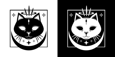 Black and white demon face cat with crescent moon and stars boho tattoo icon vector design.
