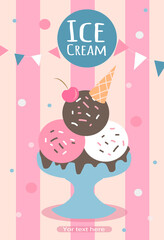 flat style vector illustration - promotional flyer for ice cream parlor. ice cream balls in a bowl