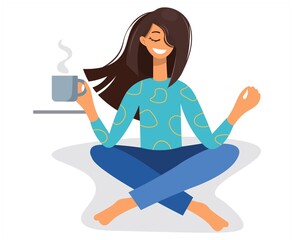 A young woman sits in a lotus position and practices yoga on a white background. Cheerful brunette meditates while drinking coffee at home. Vector cartoon flat design. Modern template for yoga day.