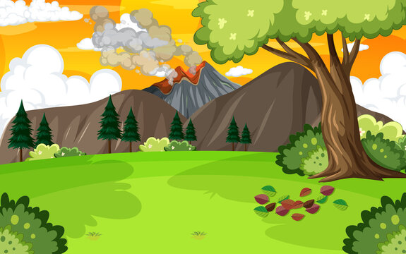 Background scene with volcano and forest