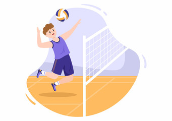 Volleyball Player on the Attack for Sport Competition Series Indoor in Flat Cartoon Illustration