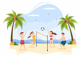 Beach Volleyball Player on the Attack for Sport Competition Series Outdoor in Flat Cartoon Illustration