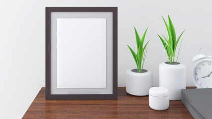 Mock up frame on white wall with wood table,Mockup poster or picture,3d rendering