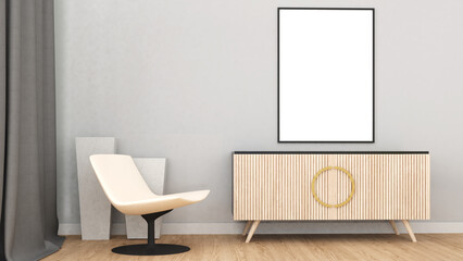 Picture frame mockup on white wall background and wooden floor with furniture.,3d rendering
