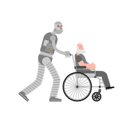 Robot nurse for pensioners. Cyborg helper helps a disabled person on a wheelchair