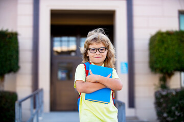 Back to school. Funny little boy in glasses at school. Child from elementary school with book and bag. Education child.