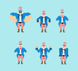 Fototapeta na wymiar Uncle Sam set poses. Man happy and strong. sleeping and angry. guilty and sad.