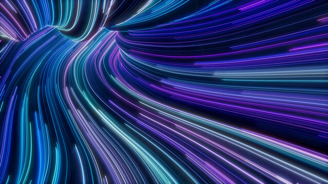 Lilac, Turquoise and Blue Colored Streaks form Abstract Swoosh Tunnel. 3D Render.