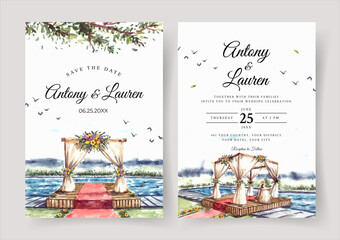 Watercolor wedding invitation of wedding gate with outdoor pool view - obrazy, fototapety, plakaty