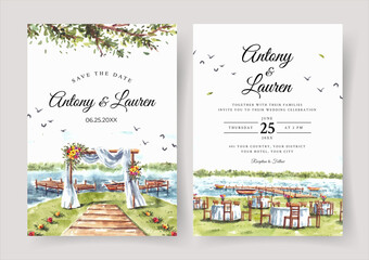 Wedding invitation of nature landscape with wedding gate and lake view watercolor