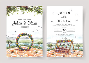 Watercolor wedding invitation of nature landscape with circle wedding arch view - obrazy, fototapety, plakaty